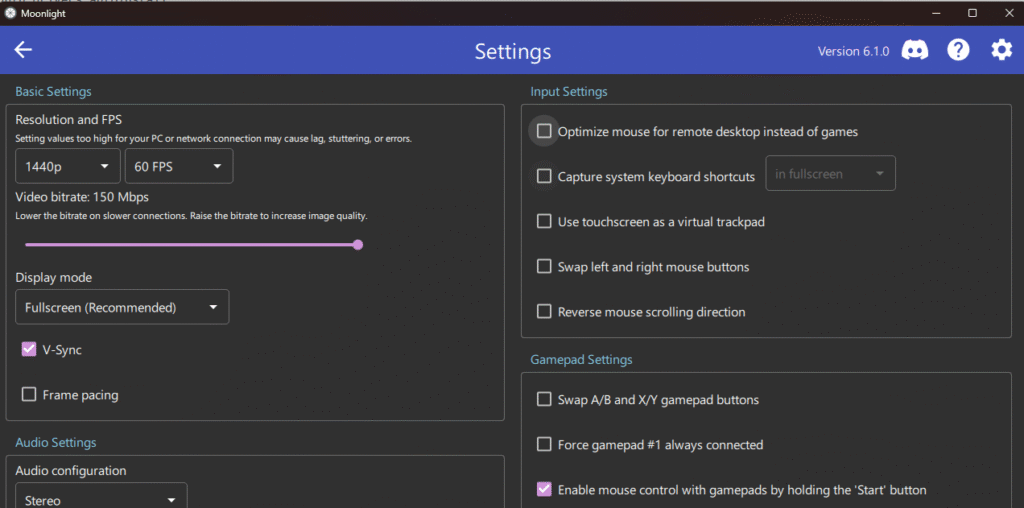 A screenshot of the properties window in Moonlight
